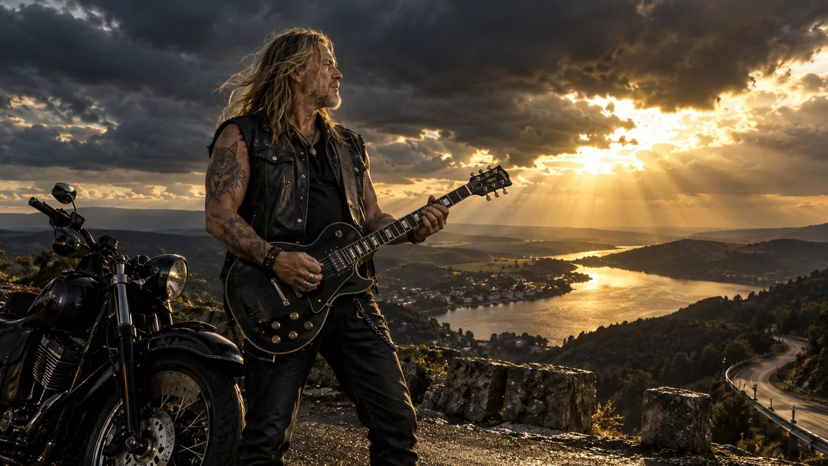 Der alte Wolf mit E-Gitarre in einer wilden Felslandschaft