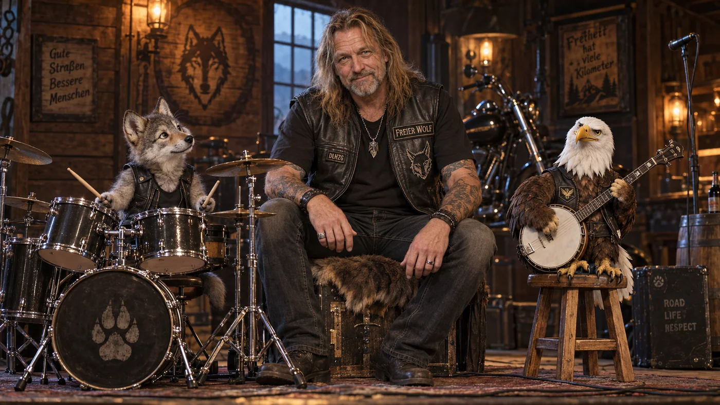 Der alte Wolf mit dem kleinen Wolf am Schlagzeug und dem kleinen Adler am Banjo