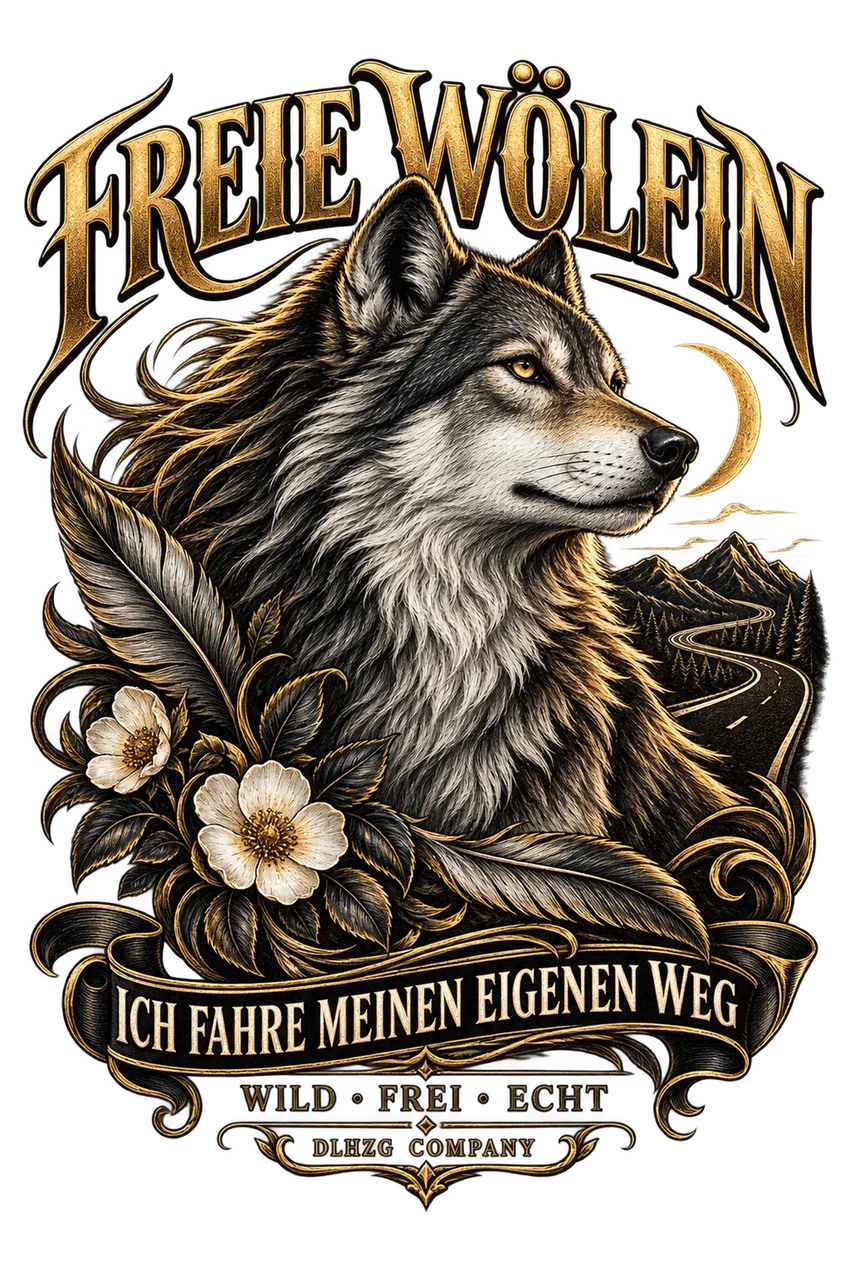 Originalmotiv Freie Wölfin: Wölfin mit Blumen, Bergstraße und Ich fahre meinen eigenen Weg, DLHZG Company