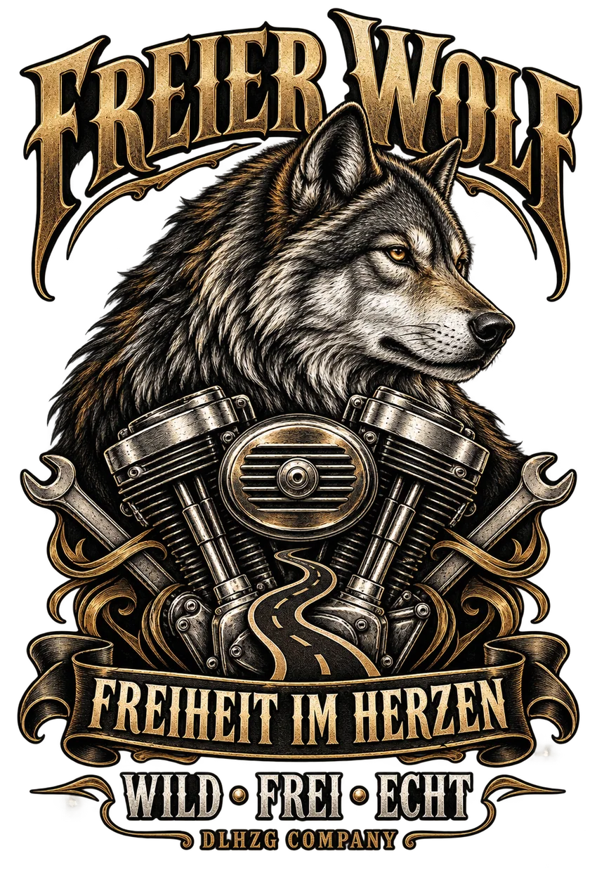 Originalmotiv Freier Wolf: Wolfskopf, V-Motor und Freiheit im Herzen, DLHZG Company