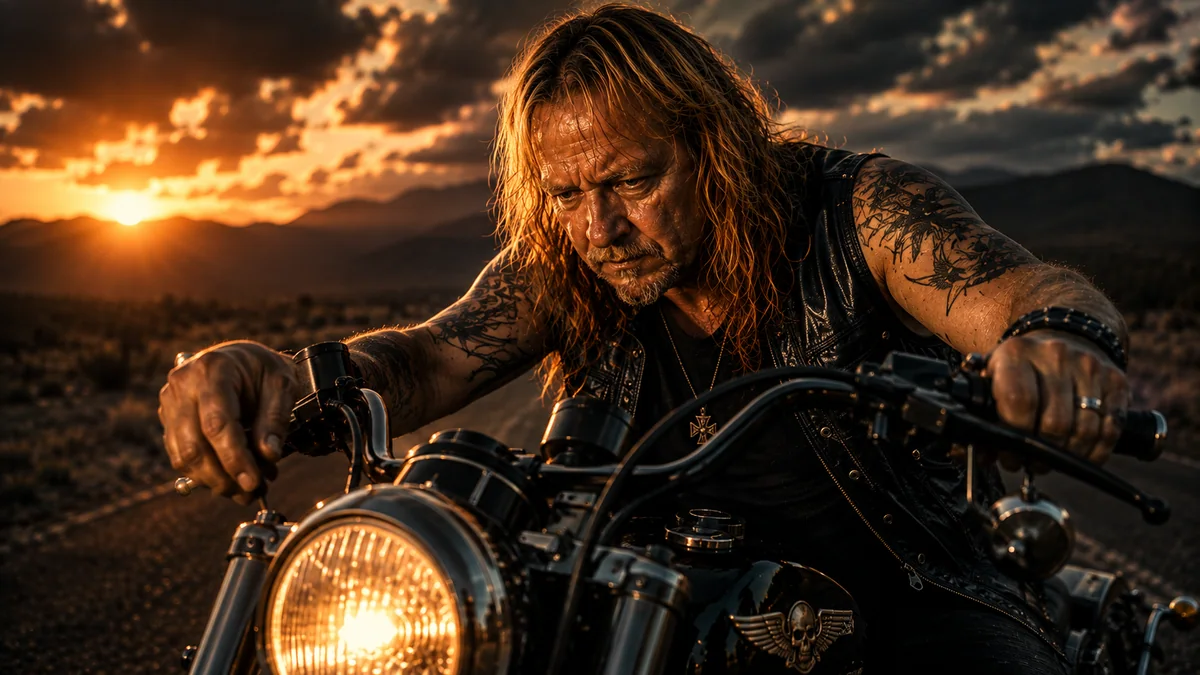 Der alte Wolf auf einem schwarzen Motorrad im Abendlicht